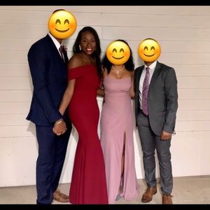 Red off shoulder ball gown